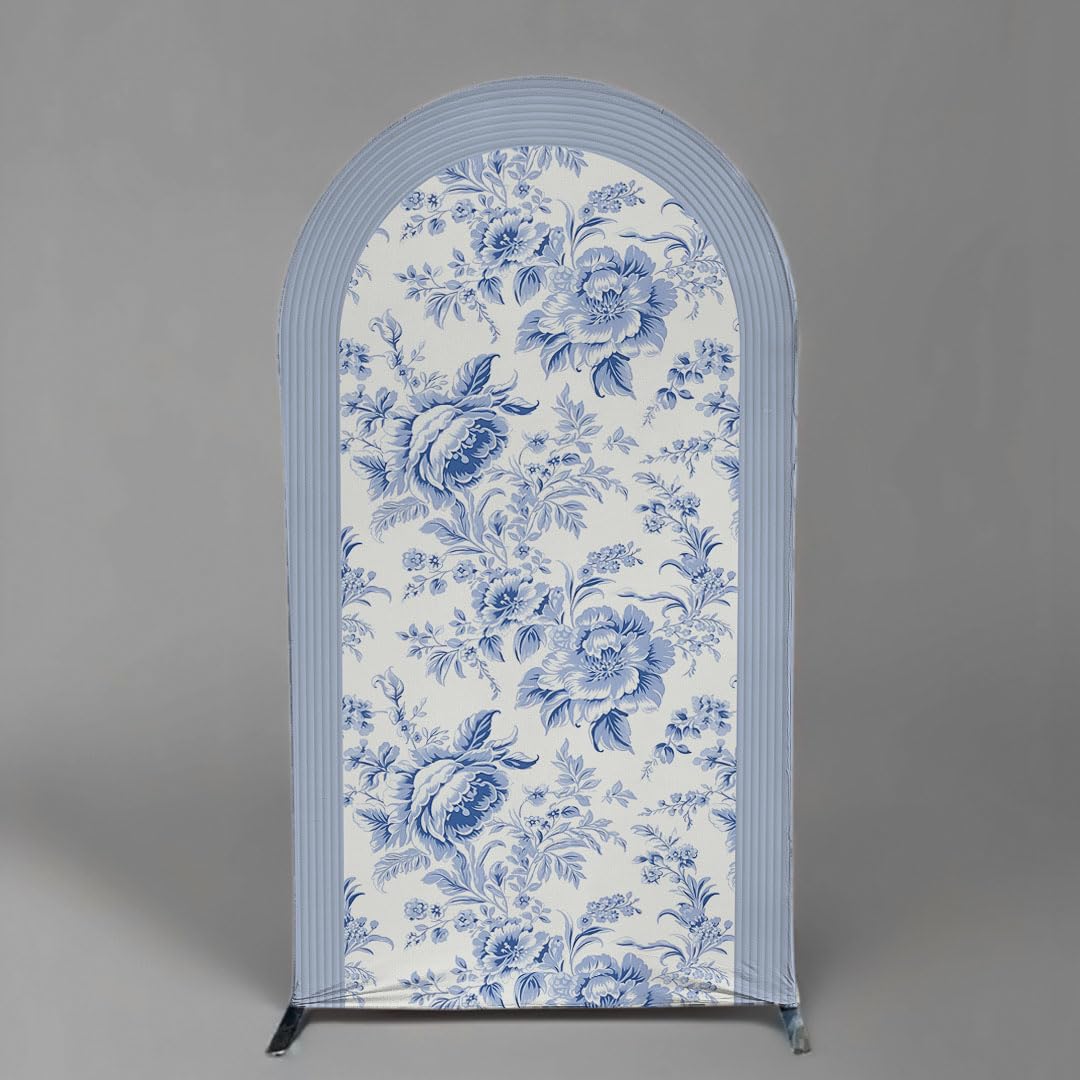 French Toile Arch Backdrop Cover - Blue White Floral Spandex Arch Stand Cover For Parties & Events