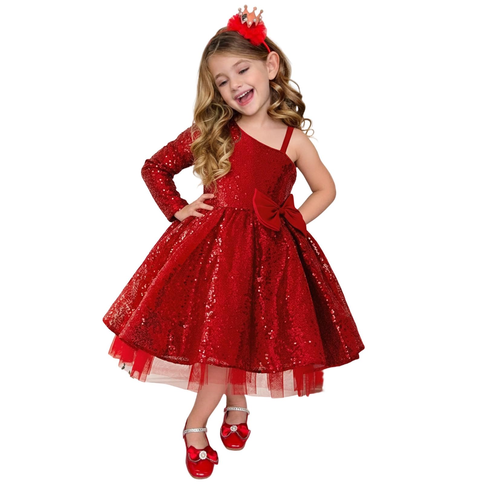 Generico Vestito Natale Bambina Abito da Festa Asimmetrico con Spalle Scoperte e Maniche Lunghe per Ragazze, con Elegante Orlo A Balze, per Eventi Festivi
