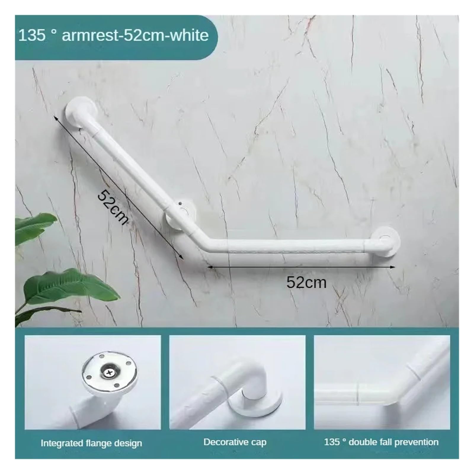 Barra de Apoyo para baño, Accesorios de Seguridad, pasamanos Antideslizante de 135 Grados para Inodoro, Ideal para Personas Mayores y discapacitadas (Blanco, 52 cm).
