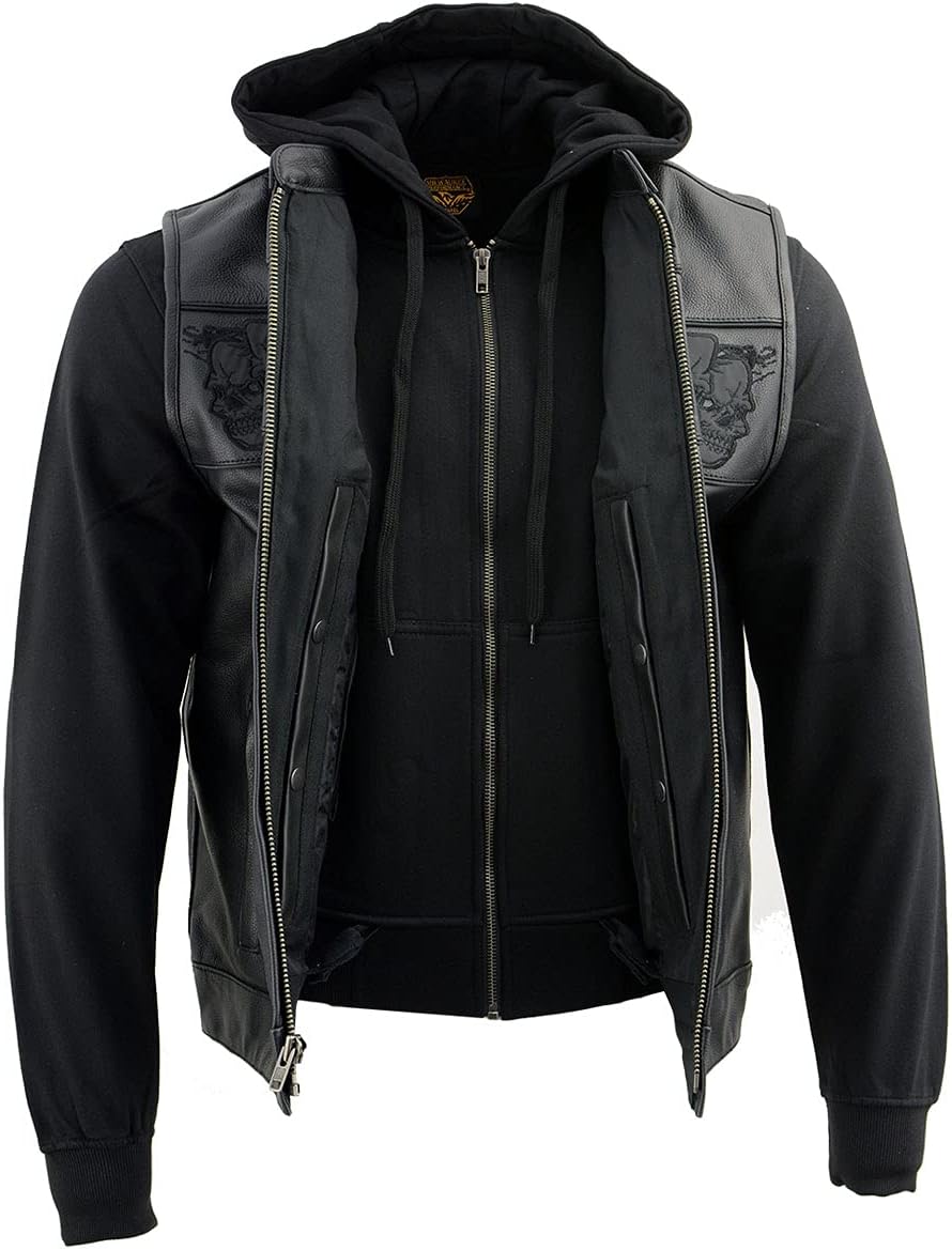 Milwaukee Leather MLM3563 Men's Leather Vest w/Removeable Hoodie - Black 2 in 1 Reflective Skulls Motorcycle Vest - Large - Image 6