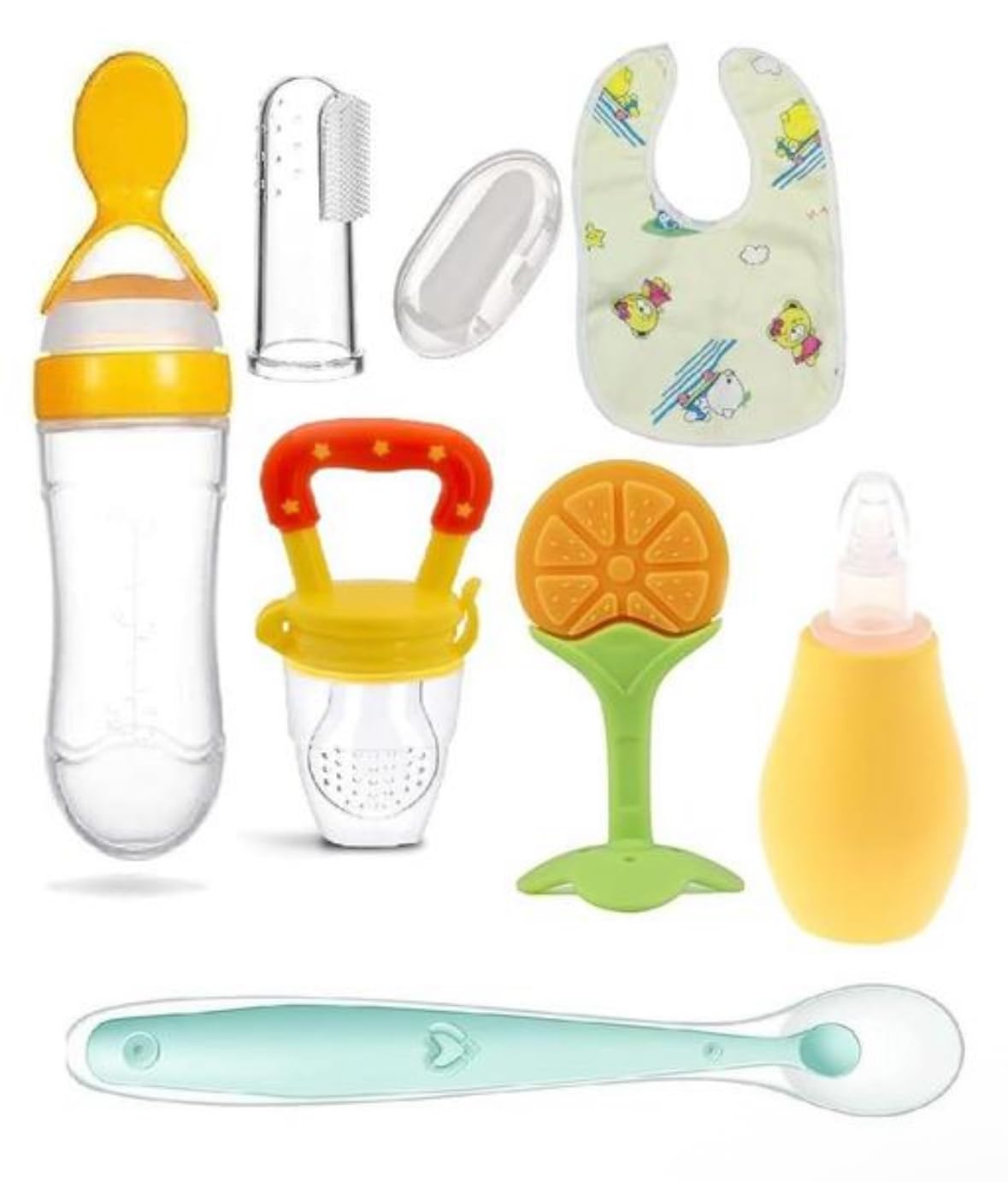 7-in-1 Baby Feeding & Teething Combo | Fruit Shape Silicone Teether, Food Feeder Pacifier, Finger Toothbrush with Case & Waterproof Bib | Silicone feeding spoon |Nozal | Feeding spoon BPA-Free Infant Oral Care Set (Pack of 7) (Yellow)-image-48