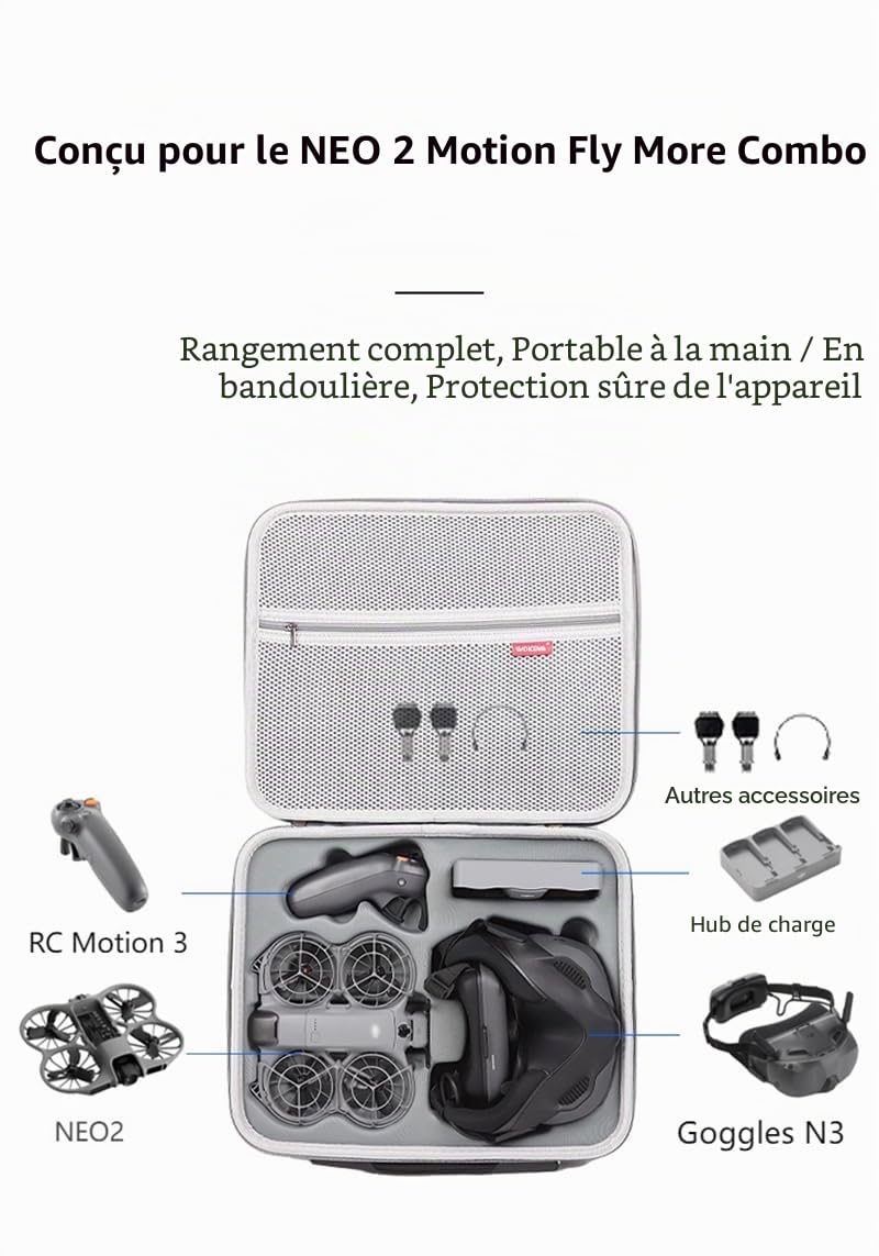 Housse de transport pour DJI Neo 2 Motion Fly More Combo, sac à bandoulière portable de voyage pour lunettes N3, RC Motion 3, hub de charge et autres accessoires de drones, 37 x 12 x 36 cm