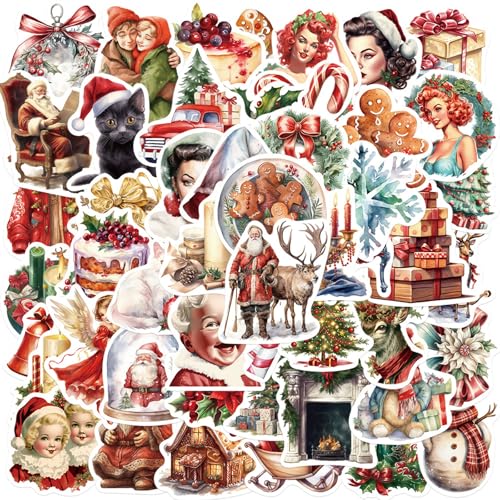 BETESSIN 50pcs Pegatinas de Navidad, Pegatina Autoadhesiva Tema Navideño, Pegatinas Estilo Retro para Scrapbooking Caja Bolsa de Regalo Tarjeta Felicitación de Navidad