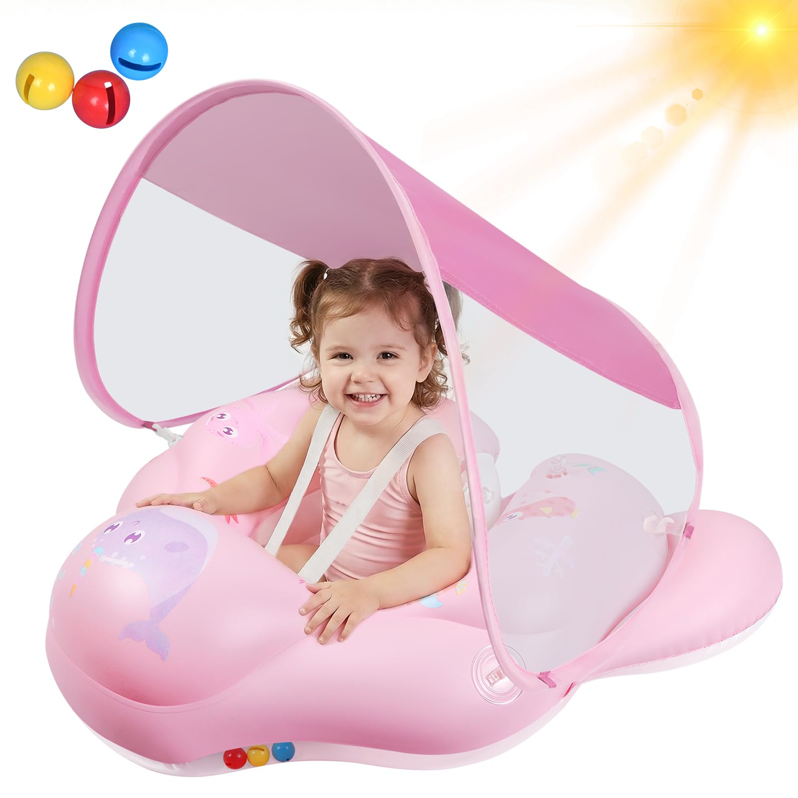 Oziral Baby Swimming Float with Removable Sun Canopy and Bell, Toddler Pool Swimming Ring for 6-36 Months, Tail Wing with Dual Air Bags Baby Float Swim Seat and Fun Pool Float for Tod,Solid Pink