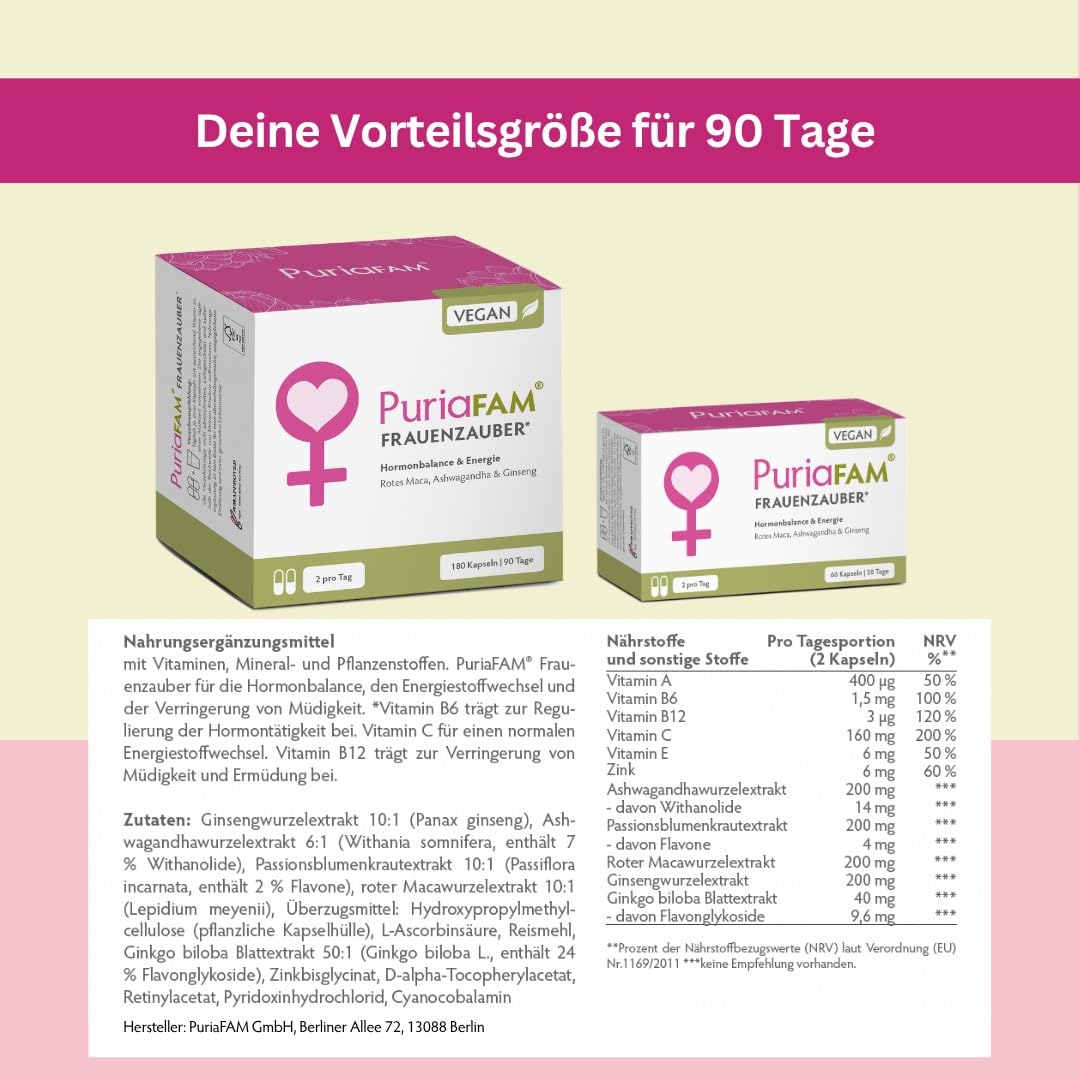 PuriaFAM® Frauenzauber, rotes Maca, 180 Kapseln, Ashwagandha, vegan - Hergestellt in DE - Hormon Balance Frauen