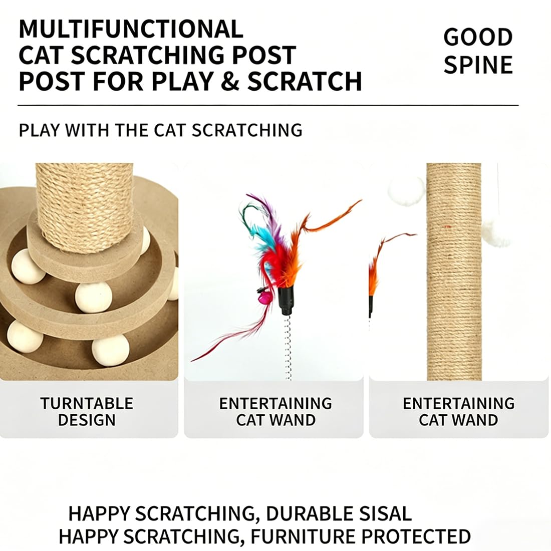 Tiragraffi per Gatti Legno con Gioco a 2 Livelli, Albero 4 in 1 in Sisal Naturale, Torre Interattiva Pista di Palline, Piuma e Erba Gatta, Design Stabile Salvaspazio per Kitten e Adulti (28 * 40cm)