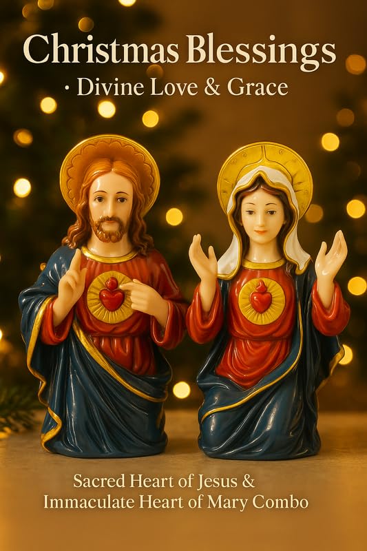 Image of Sacred Heart Jesus & Immaculate Mary Statues | Xmas Dcor Spiritual Idol Set for Home Church, Office Desk, Car Dashboard Idol & Christian Blessing Gift