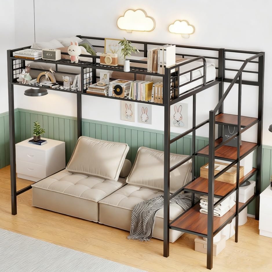Image of Bellemave Twin Size loft Bed with Storage Stairs and Upper Grid Storage Shelf, Metal Twin Loft Bed Frame for Adults, Kids, Teens, Black