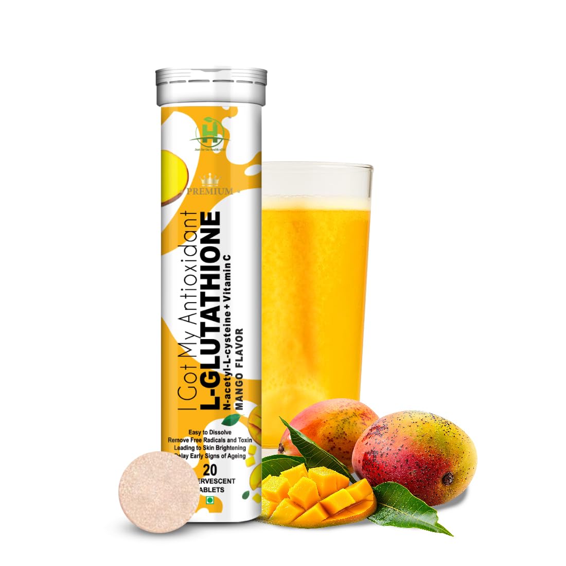 L-Glutathione 600mg With Mango Flavour | Helping for Glowing Skin Antioxidant Detoxification Pigmentation | Tan Removal For Unisex- 20 Effervescent Tablet