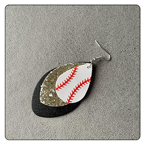Punk Rock 2PCS Alloy Hook Earrings Drop Dangle Baseball Pattern Multi-layer Leather Earrings4