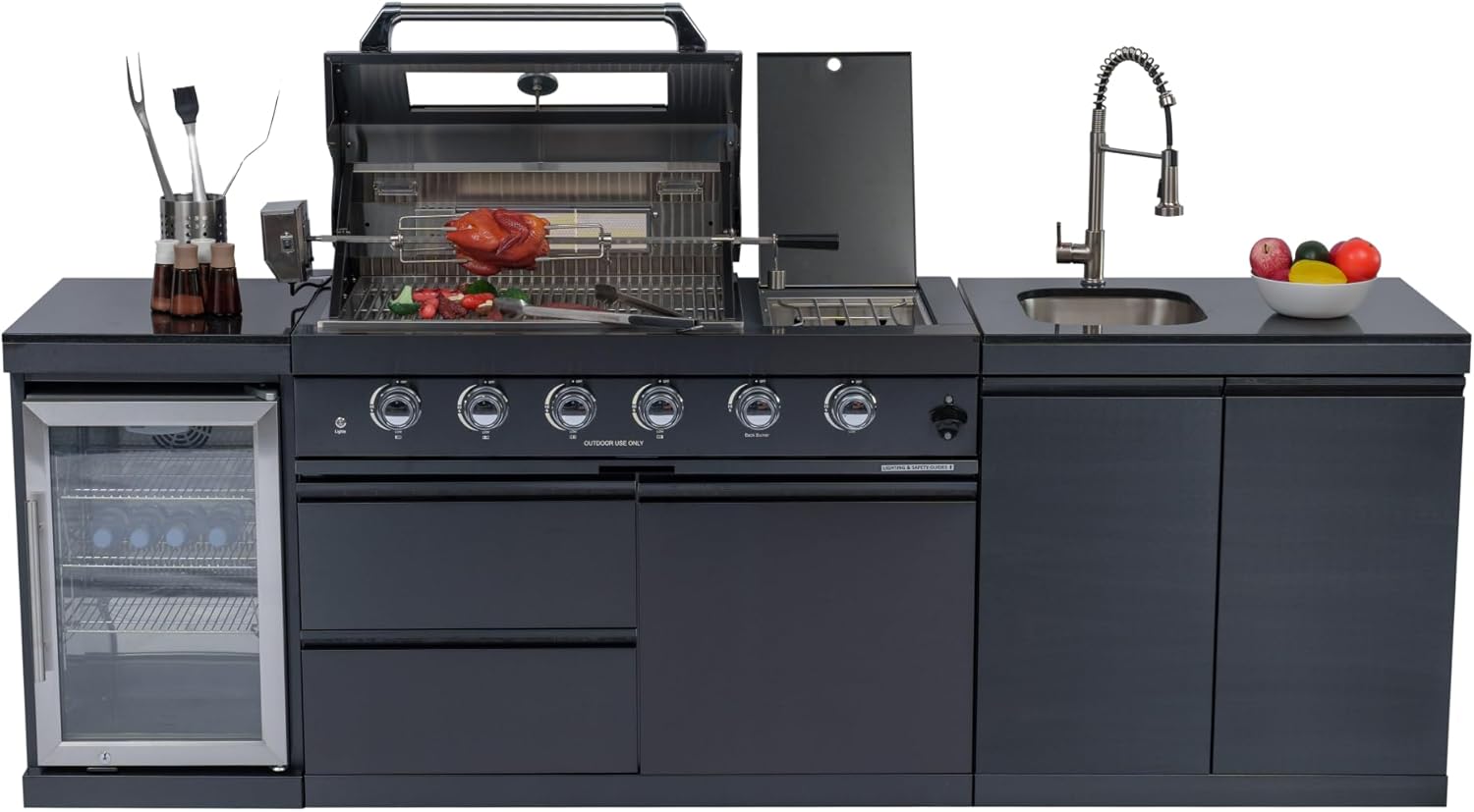 Premium Outdoor Kitchen Island with 304 Stainless Steel Gas Grill, Built-in Sink, Wine & Beverage Refrigerator, and Rotisserie Kit - Integrated LED Lighting for Backyard (Black- 98", Natural Gas)