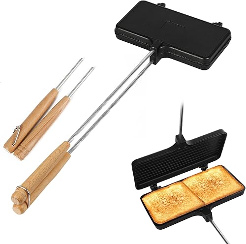 Hierros de doble pastel, planchas antiadherentes para acampar de hierro fundido con 4 asas extraíbles, portátil, para hacer sándwiches de fogata de