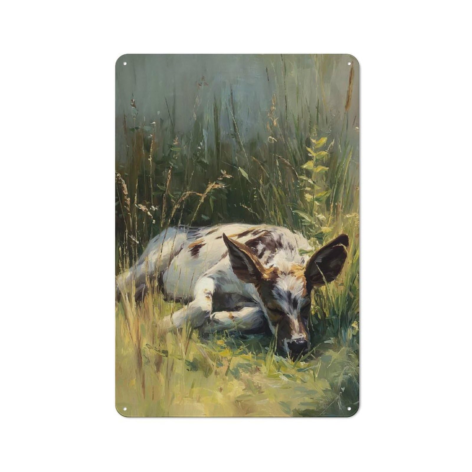 Junmoney Style-15 Tin Wall Plaque 30X20cm With Calf Sleeping In Tall Grass For Bar Or Restaurant, For Hospitality Decor Collectors