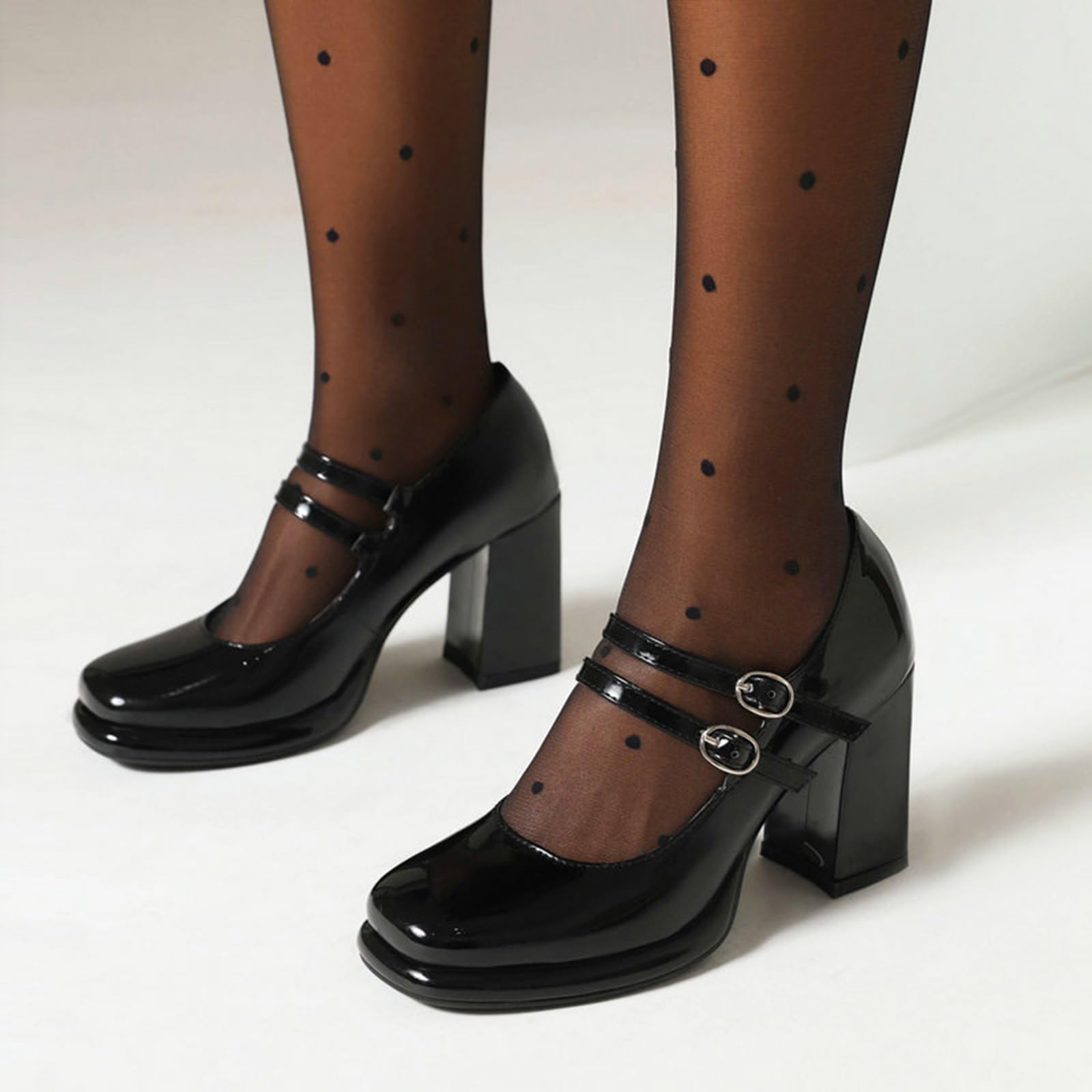 Mujer Punta Cuadrada Zapatos Mary Jane Charol Correa De Tobillo Plataforma Bombas Tacón Ancho Zapatos de Trabajo