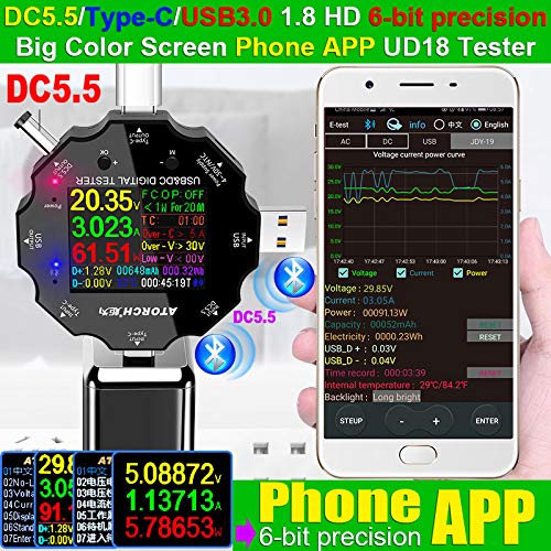 USB C Tester, 3 in 1 Typ C DC5.5 USB Tester Farbbildschirm IPS Digitalmultimeter,Spannung,Strom,Leistung,Widerstand,Kapazitätsdetektor,mit Clip-Kabel Unterstützt PD2.0/PD3.0,QC2.0/QC3.0