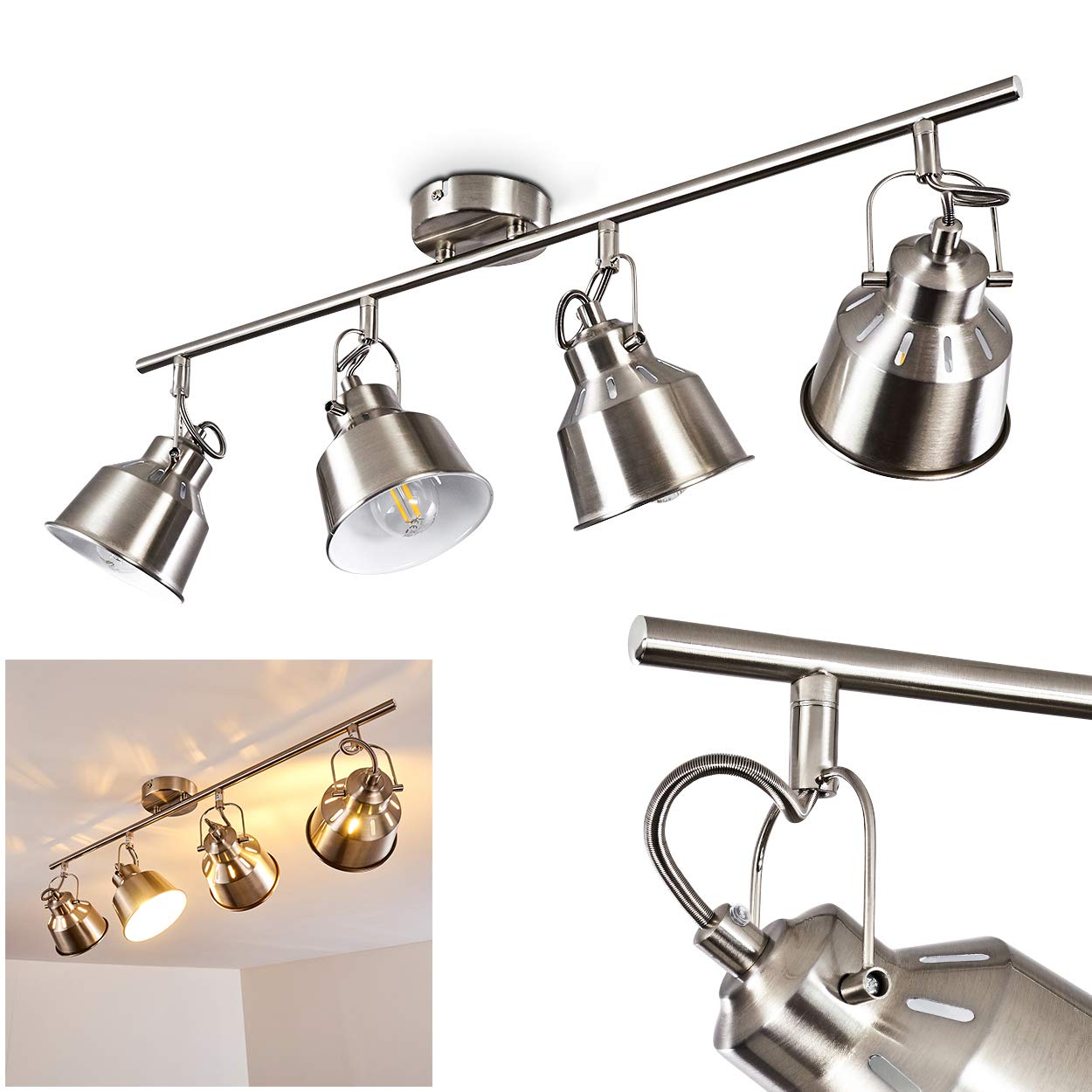 Hofstein Chrome Brushed Ceiling Lamp Safari, Metal Ceiling Lamp In Brushed Steel/White, 4-Flame, With Adjustable Spotlights And Light Effect, 4 X E14 Socket, Retro/Vintage Design Spotlight, Without Bulb