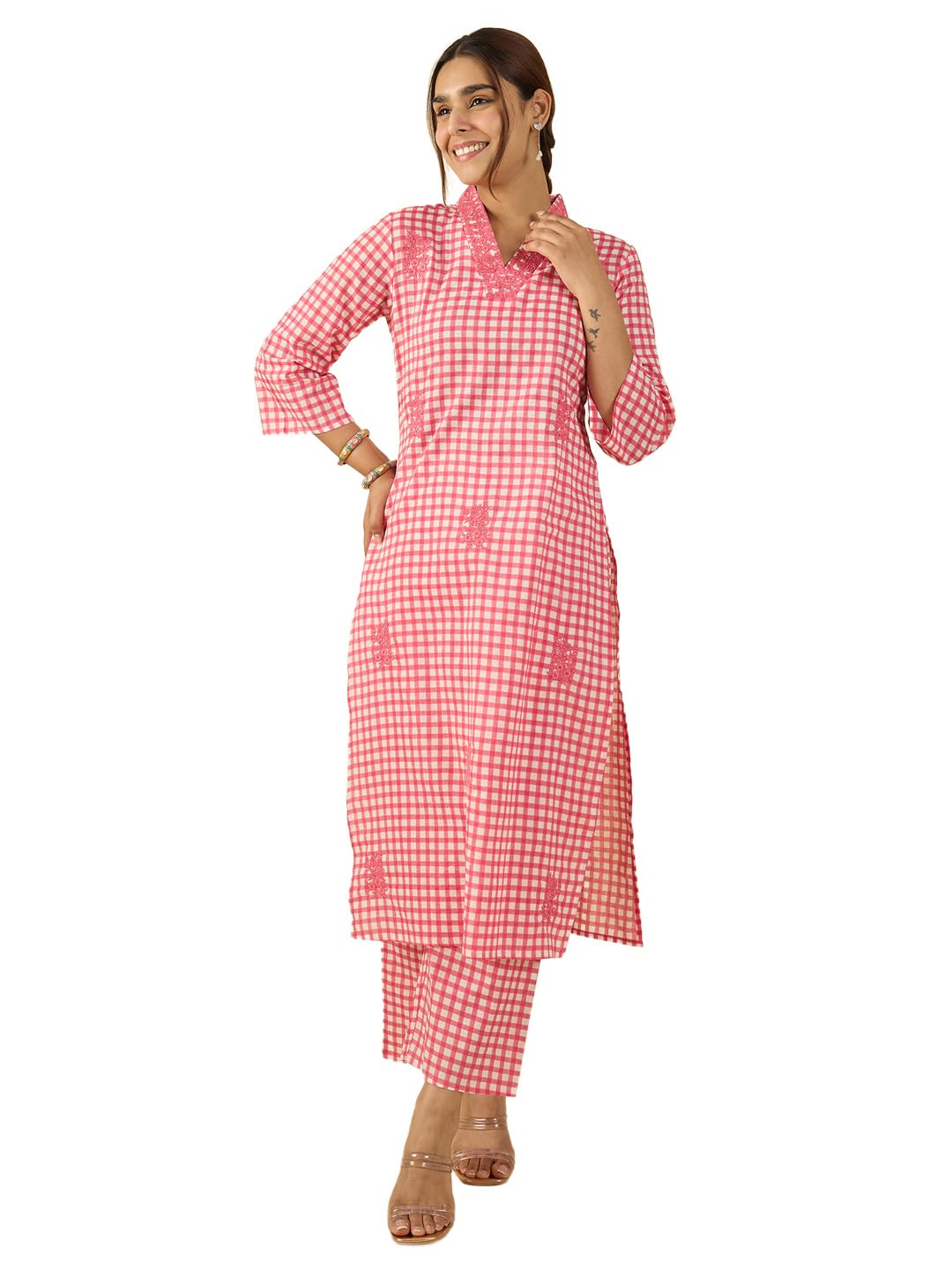 indo era Women's Straight Pure Cotton Floral Embroidered Kurta & Pant Set (IESTR9941)-picture-40