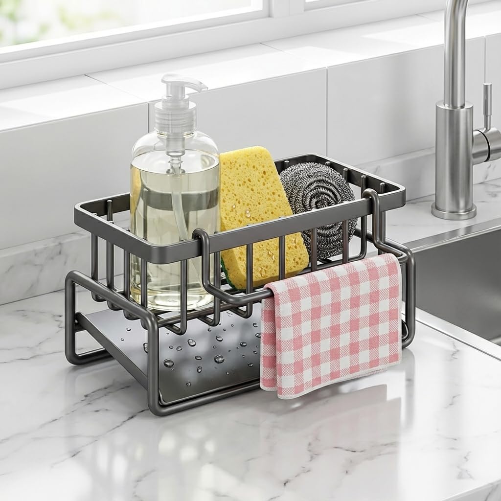 Sponge Holder for Kitchen Sink with Detachable Dishcloth Rack, Rustproof 304 Stainless Steel Dish Sponge Organizer, Dish Soap Dispenser and Bathroom Storage Rack Grey