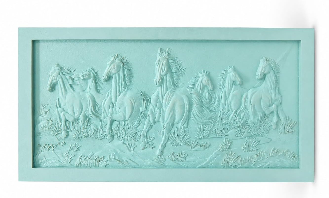 3D Relief Running Horses Wall Art Panel, Mint Green | 7 Horses Design, Framed Wall Plaque, 3D Sculpted Relief, Home Decor, Textured Finish-image-1