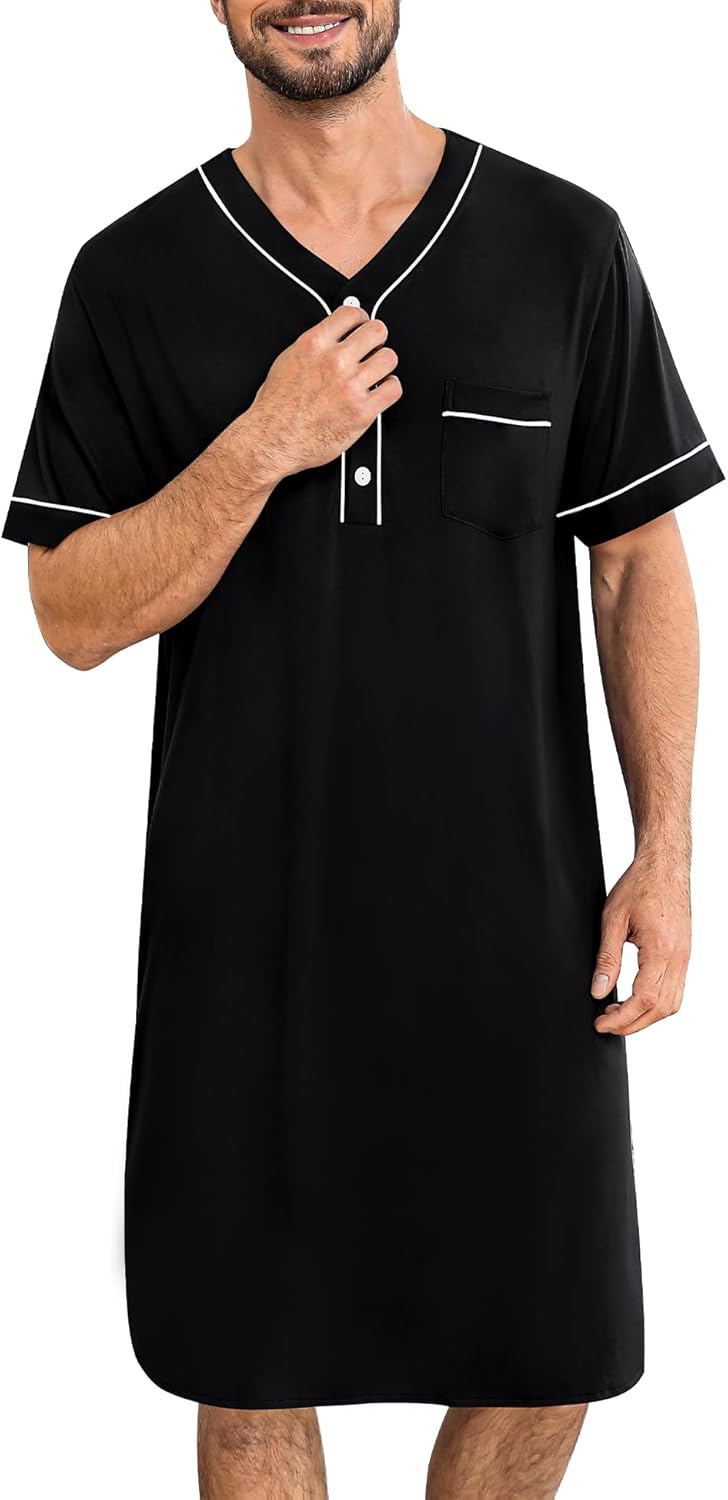 SWOMOG Mens Nightgown Short Sleeve Lounge, Sleep Henley Shirt Pajama Big & Tall Nightshirt Comfy Nightwear M-3XL