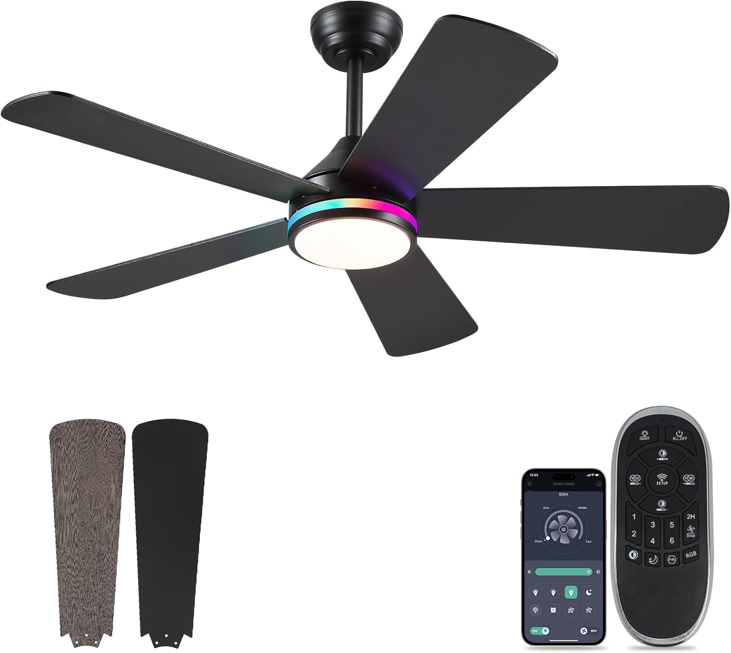Asyko 46in Black RGB Ceiling Fan with Lights and Remote