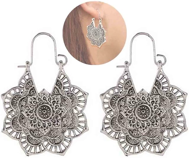 Yheakne Boho Mandala Flower Earrings Gold Drop Dangle Earrings Tribal Earrings Vintage Ethnic Hoop Earrings Jewelry for Women and Girls