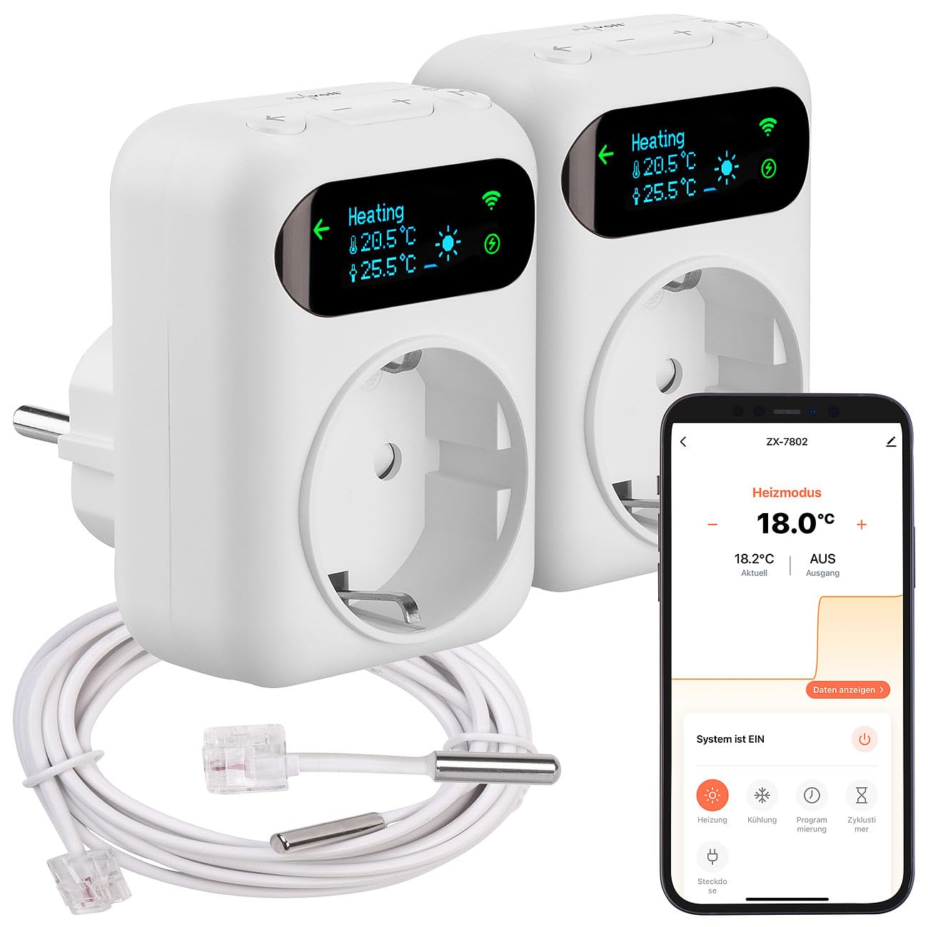 revolt Termostato Wi-Fi Alexa: Set da 2 Termostato Wi-Fi per prese, per dispositivi di riscaldamento e climatizzazione, App (presa termostatica con sensore, presa smart home, LAN)