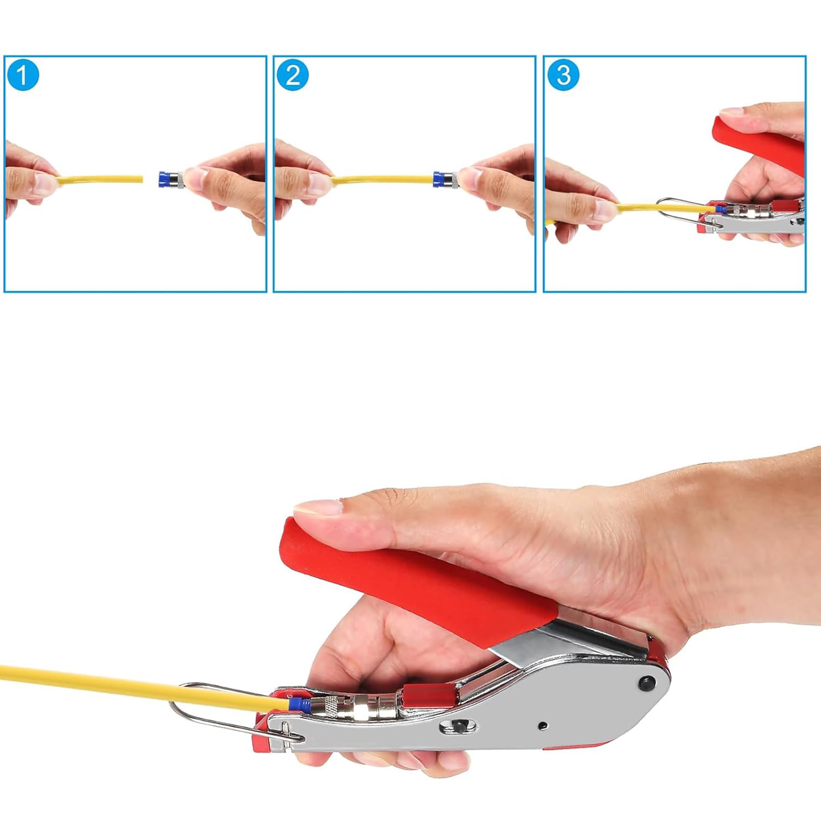 AEDIKO Coaxial Compression Tool Kit Coax Cable Crimper Wire Stripper with F RG6 RG59 Connectors, Red and Silver - Image 3