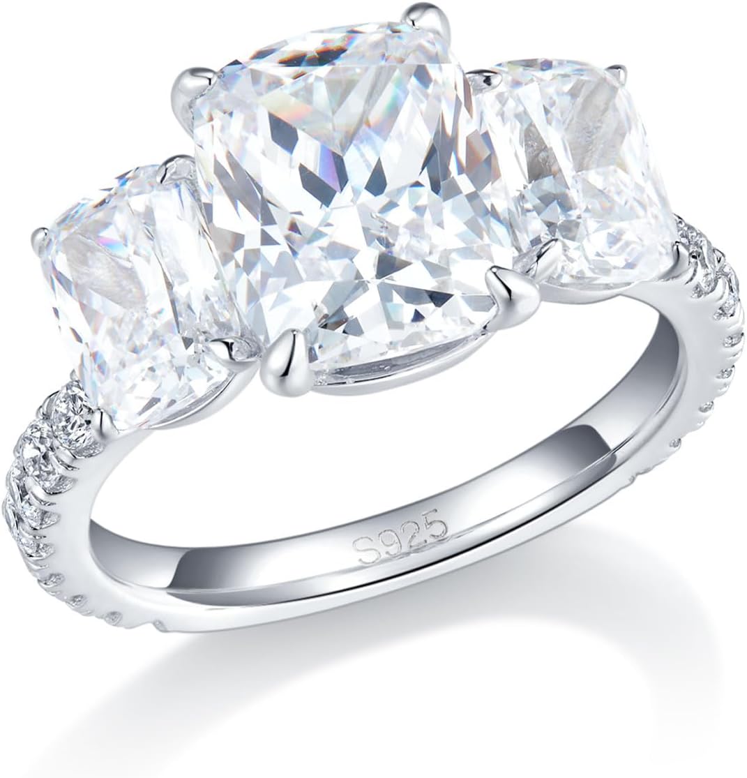 Bo.Dream Promise Rings for Her Emerald/Cushion/Radiant Cut 5ct 3-stone Cubic Zirconia Platinum Plated 925 Silver