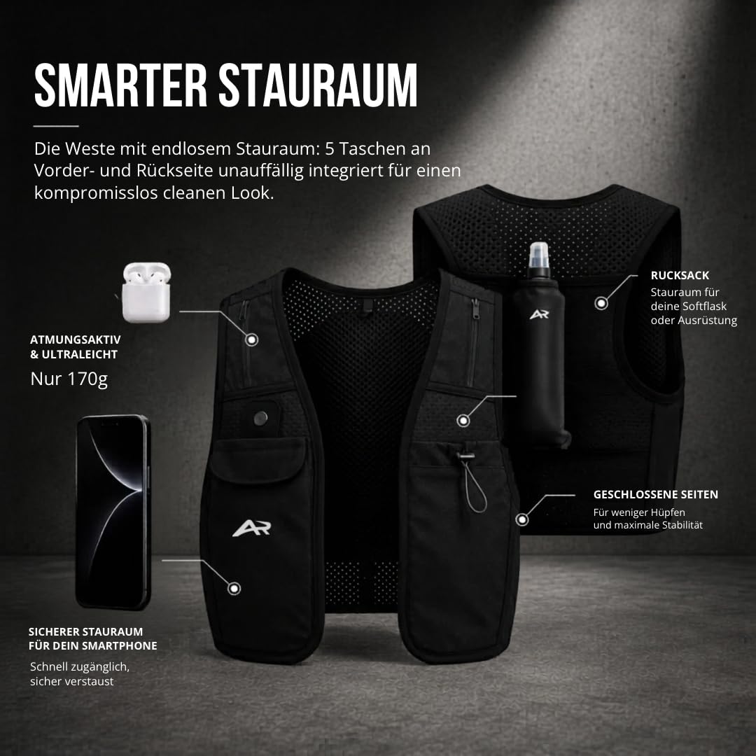 Lite | Laufweste Damen & Herren mit Trinkflasche & Handyhalterung | ultraleichte Trinkweste Laufen | Laufrucksack & Running Vest | Touchscreen & Face-ID kompatibel