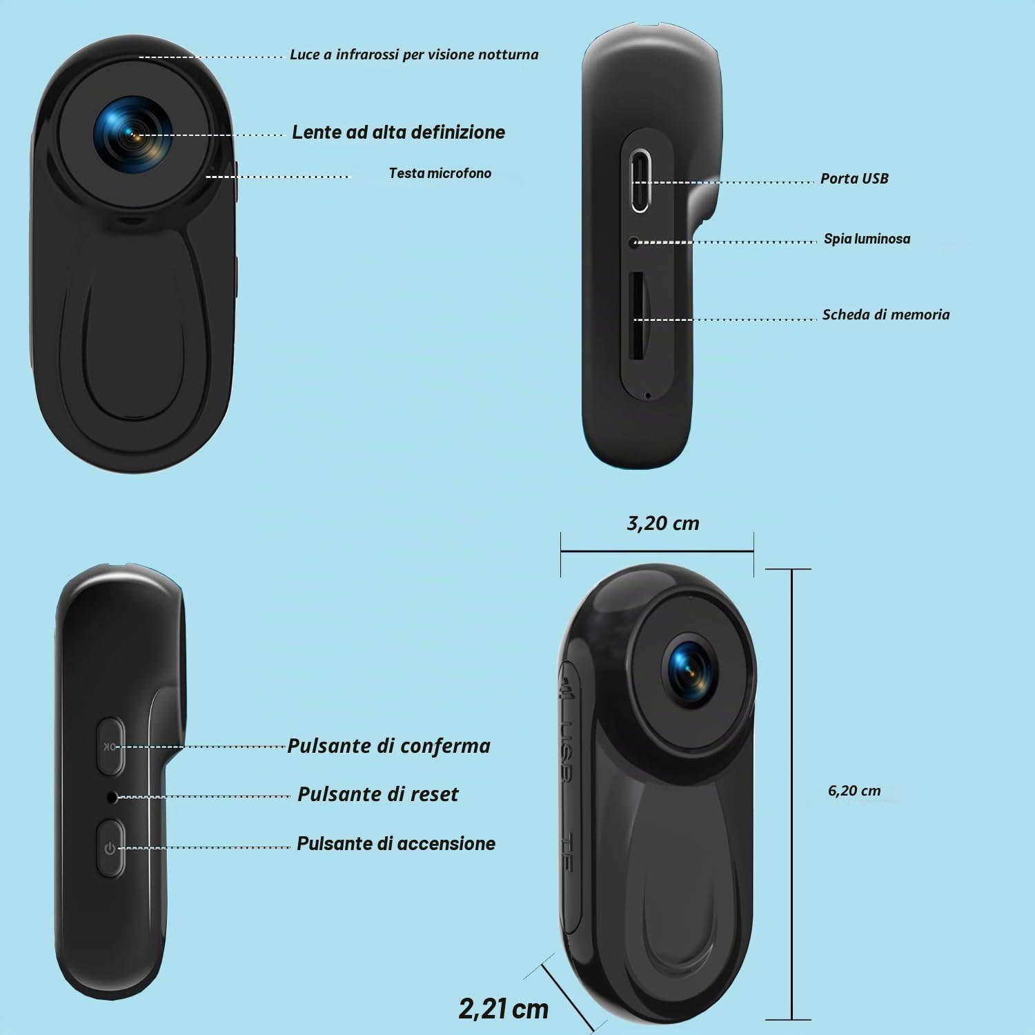 SHMIZZ Mini Action Cam 1080P, Telecamera Sportiva Fotocamere Corporali e Scheda di Memoria 32GB, Mini Vlog Pocket Body Cam Fotocamera Sport,120° Grand Angle con Registrazione Audio e Video