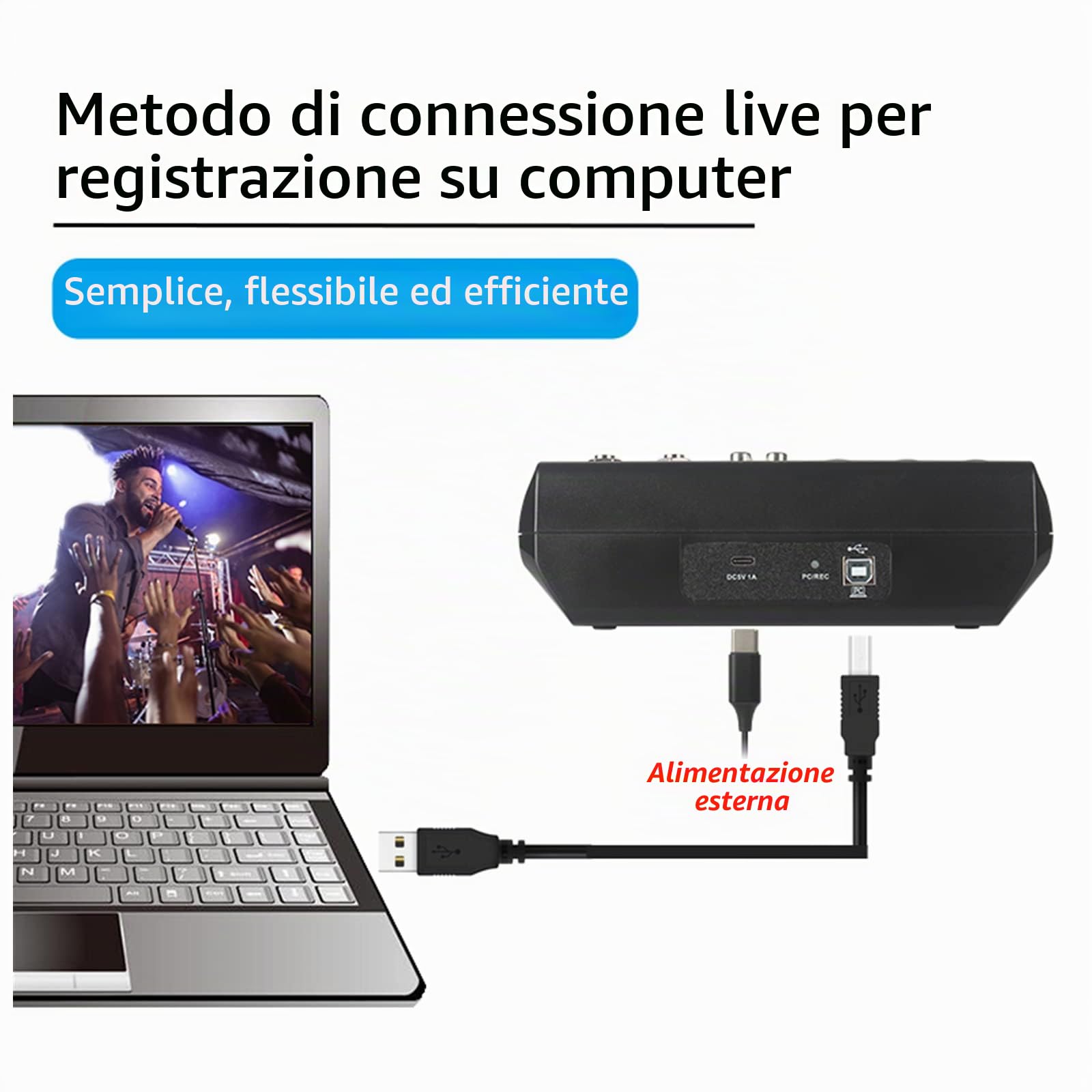 Console di mixaggio a 5 canali, console di mixaggio audio USB 48 V Phantom power, console di missaggio per microfono per computer, mixer audio per studio dal vivo e palcoscenico
