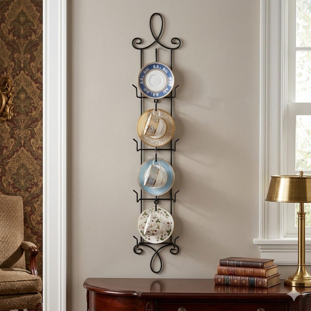 HOHIYA 2Pack Vertical Tea Cup and Saucer Display Rack 36 Inch Wall Mounted Teacup Holder for China Coffee Mugs and Collectible Cups Space-Saving Organizer Holds Up to 8 Cups and Saucers Black