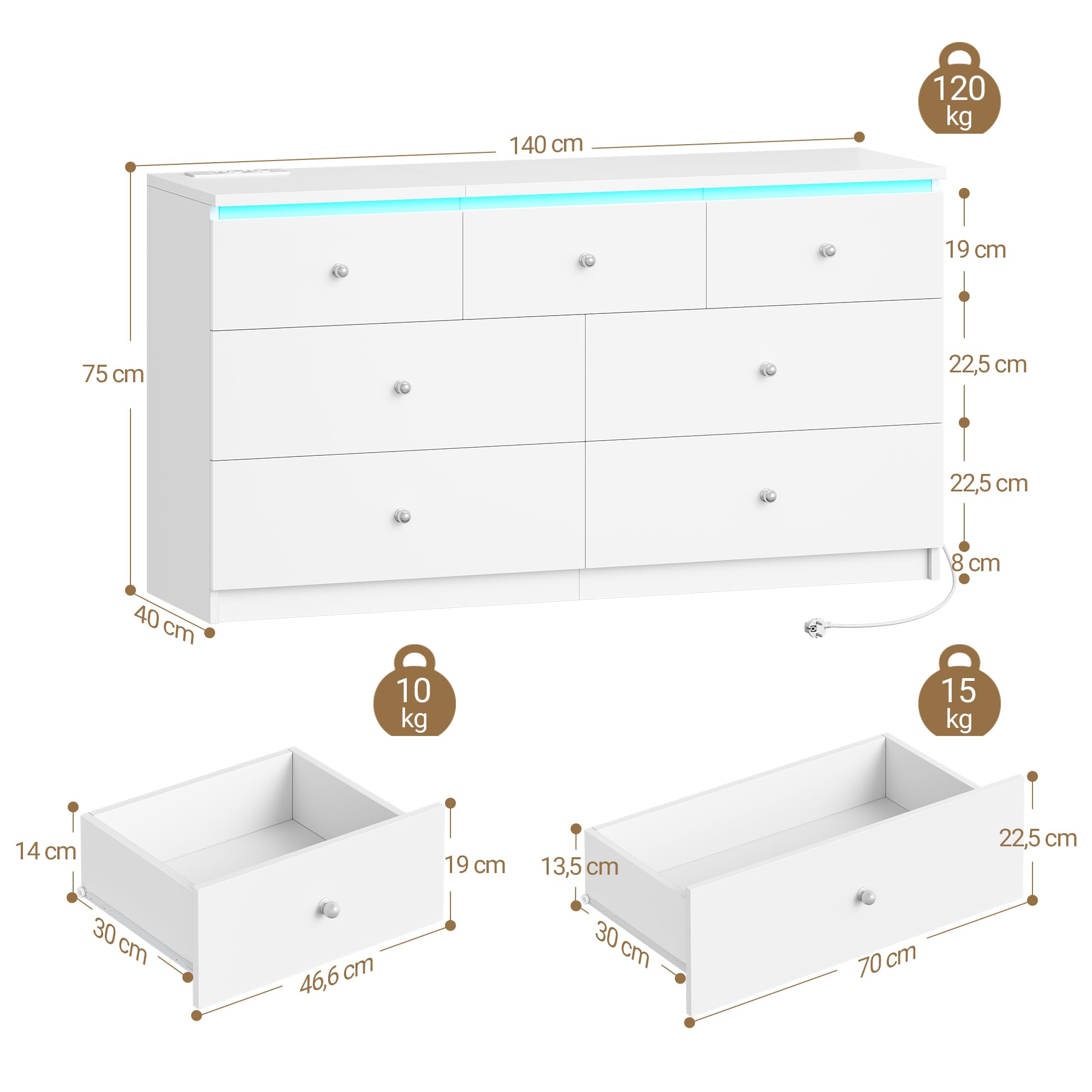Hzuaneri Cassettiera con 7 Cassetti, Cassettiera con LED e Presa Multipla