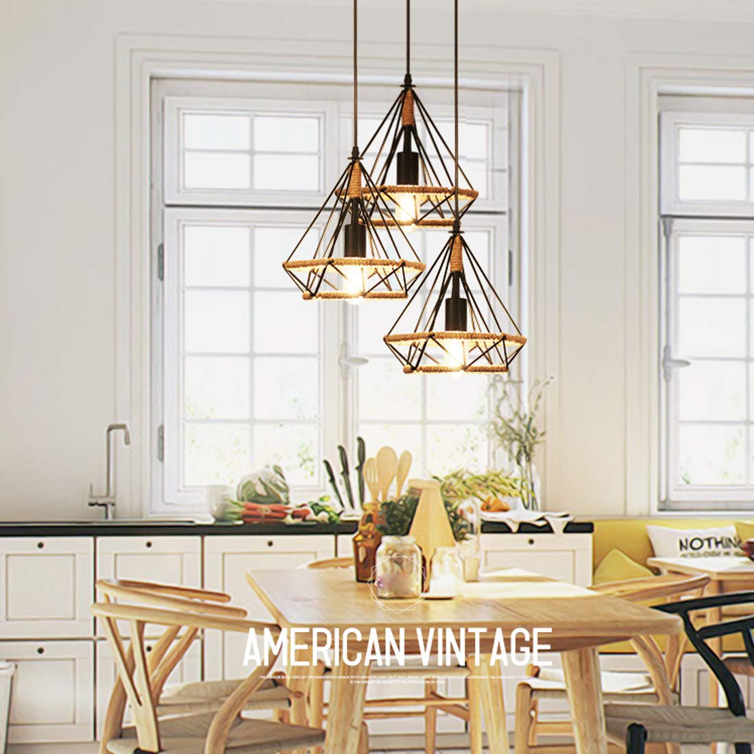 Industrielle Vintage Lustre Suspension Luminaire Corde Rétro Noir Style Campagnard Rond Lampe Suspendue Hauteur Réglable Pour Salle à Manger Rustique