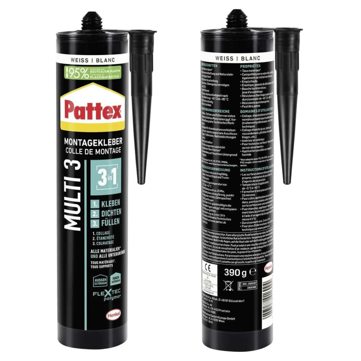 Montagekleber Weiß Multi 3-3in1 Baukleber - Kleben, Dichten, Füllen - Starker Kraftkleber für fast alle Materialien* - wetterbeständiger Baukleber für innen und außen (3 x 390g)