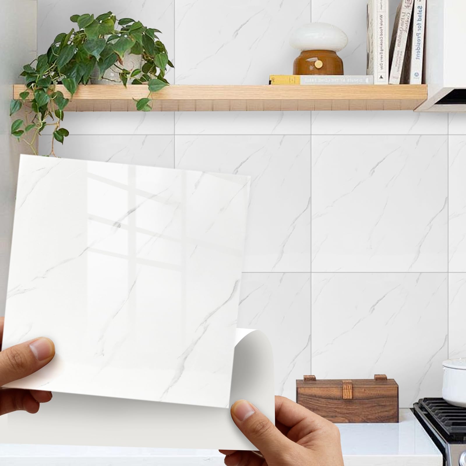 Takezuaa 20Pcs White Tile Stickers Self Adhesive Wall Tiles, Marble Stick on Tiles 30 x 30cm, PET Peel and Stick Wall Glossy Stickers for Kitchen Bathroom — image 1