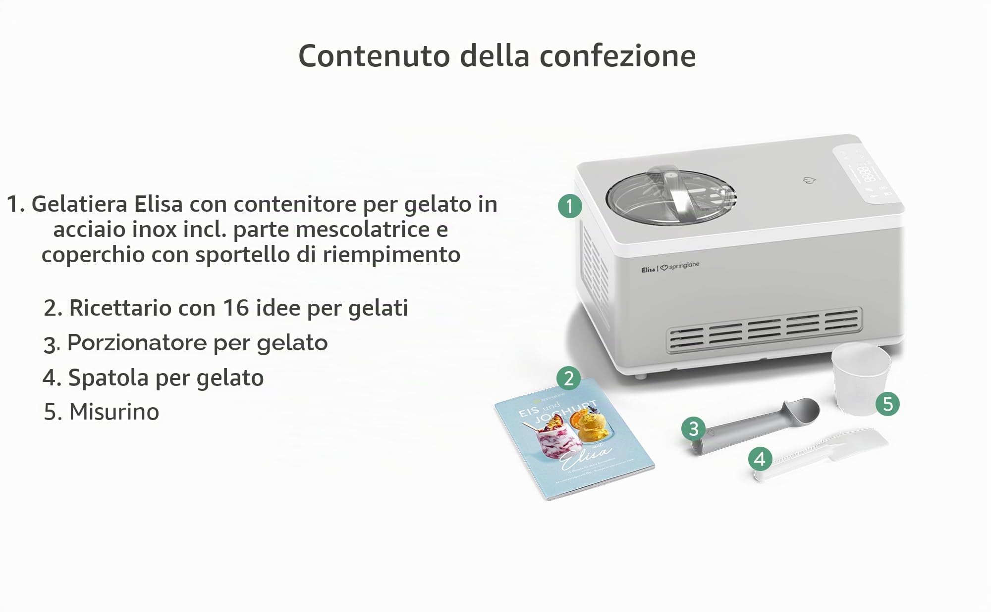 SPRINGLANE Gelatiera e yogurtiera Elisa con compressore autoraffreddante (Argento/Contenitore bianco, 180W)
