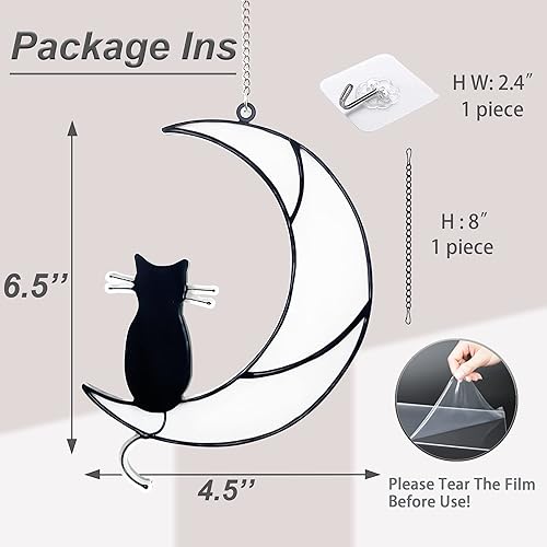 Miniatura 2 de Atrapasoles de gato con barba negra para decoración de jardín para amantes de los gatos, vitrales colgantes para gato en luna negra, adorno de gato