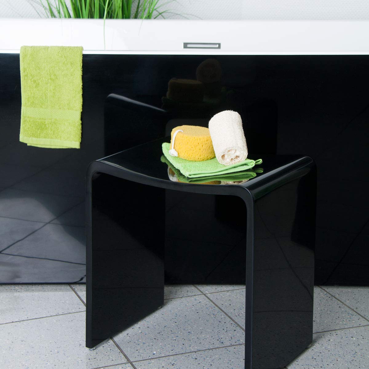 Four & More Badhocker Design Kunststein Spa 'Rom', Oberfläche:Schwarz Matt | Duschhocker Sitzhocker Duschstuhl Duschsitz Luxusbadhocker aus hochwertigem Solid Stone/Mineralguss / Kunststein