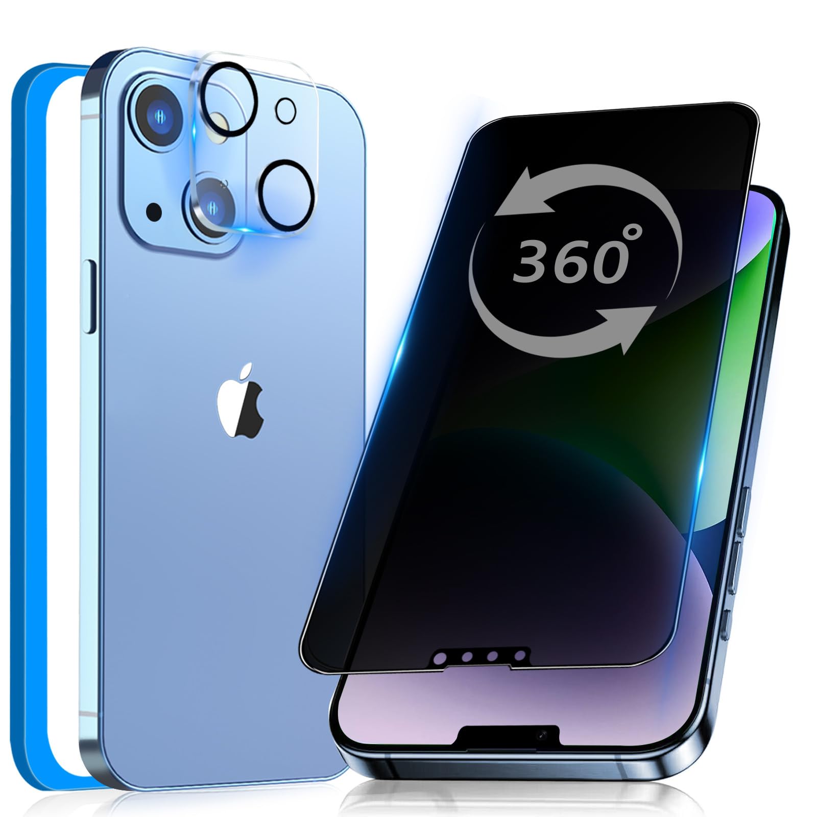 【360度 覗き見防止】 iPhone14 用 ガラスフィルム 覗き見防止 360 全方向 液晶保護 フィルム のぞき見 強化ガラス アイフォン 14 用 （6.1インチ） のぞき見防止 360° 上下左右 見えない 【全面保護/指紋防止/気泡ゼロ/貼り付け簡単/ガイド枠付き/カメラフィルム付き】