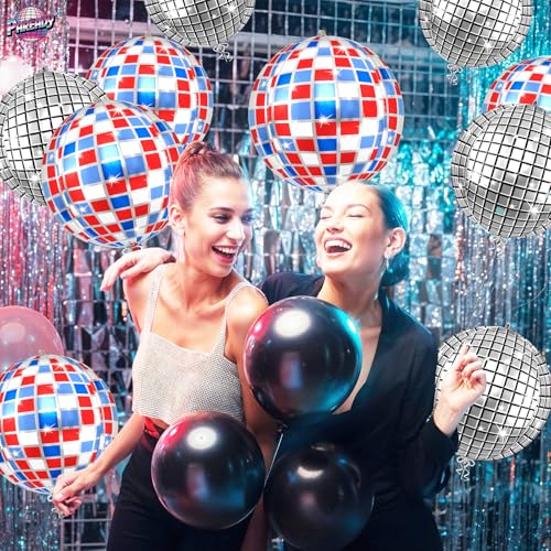Image of 6pcs 22 Inch Colorful Disco Ball Balloons, Silver Big Disco Balloons, Blue Red Silver 4d Large Foil Balloon For Birthday Baby Shower Independence Day 70s 80s 90s Theme Party Wedding Engagement