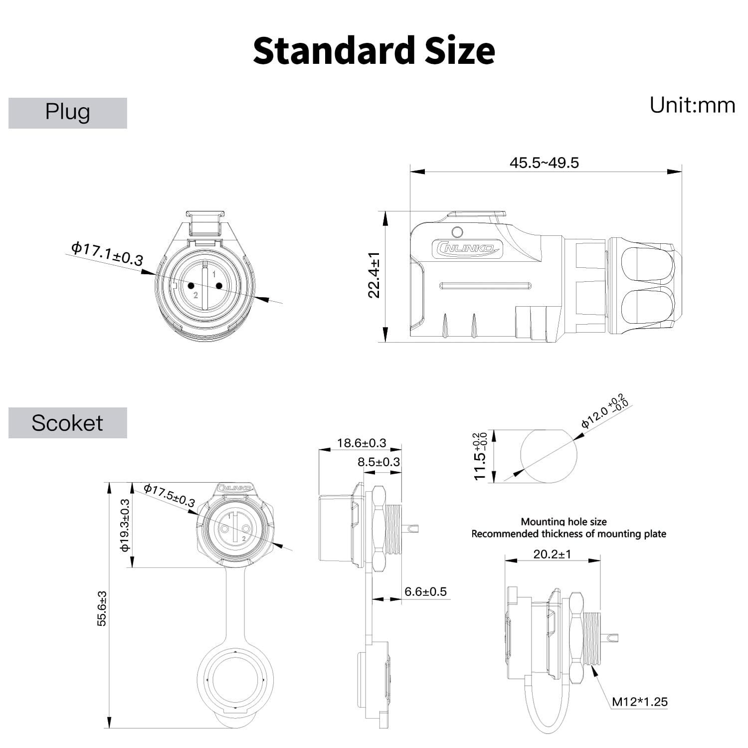 CNLINKO LP-12 IP68 Wasserdichter 2-poliger Steckverbinder - Für Solaranlagen, Industriemaschinen & Kabelverbindungen - DC 12V Gewinde-Einzelport Metallverstärktes (2-Polig Set)