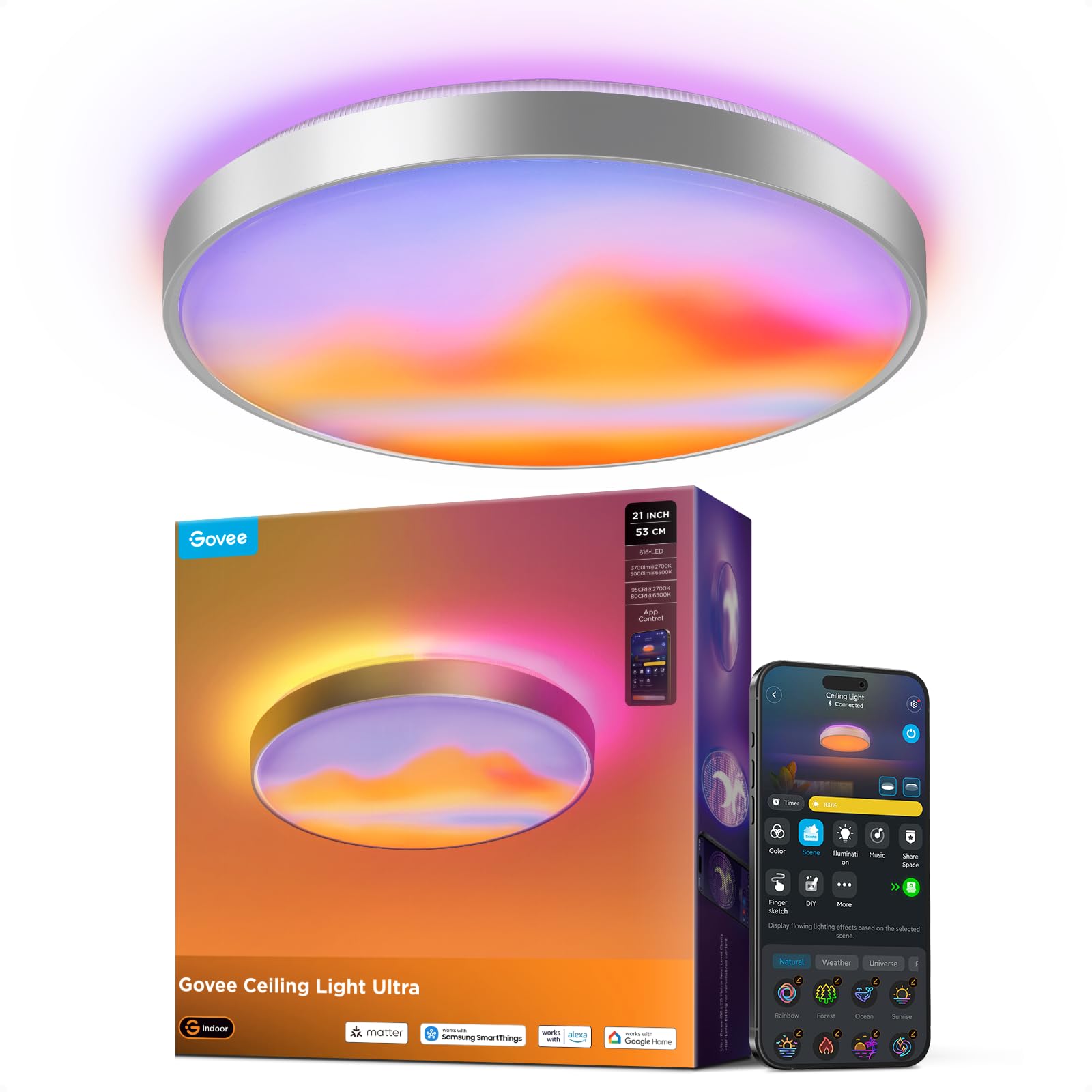 Govee Deckenlampe Ultra, 5000lm AI Deckenleuchte für Wohnzimmer, 53,5 cm | 2700K-6500K Dimmbare Decken-Canvas, 616 Matrix-Lampenperlen, RGBWWIC DIY Funktion, DaySync, Smart-Integration, 100 Szenen