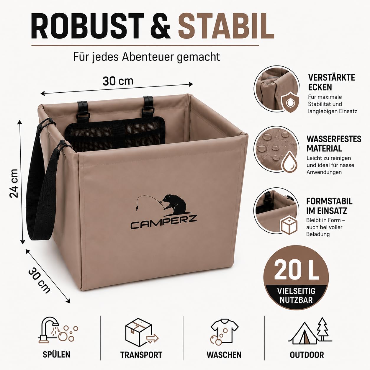 Cuenco plegable marrón 20 L impermeable para camping, Vanlife y pesca | Lona resistente con práctica bolsa de malla – ahorra espacio plegable como cuenco de lavado, cuenco o cubo de agua.