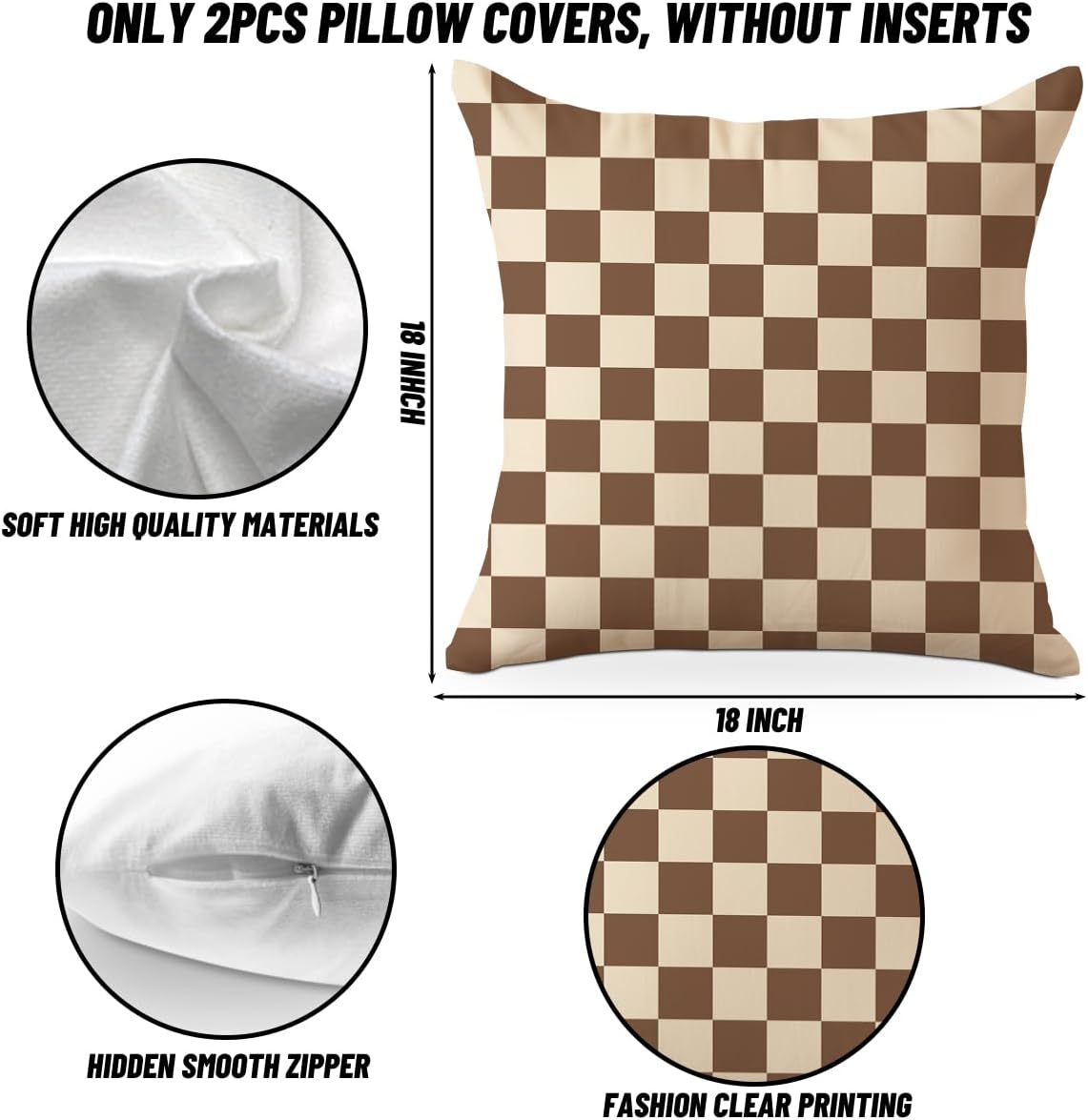 Brown Checkered Pillow Covers 18x18 Pack of 2, Classic Plaid Chessboard Design Throw Pillow Covers, Pillow Covers for Living Room Bedroom Home Sofa Couch Decor, Aesthetic Cushion Covers Pillow Cases - Image 2