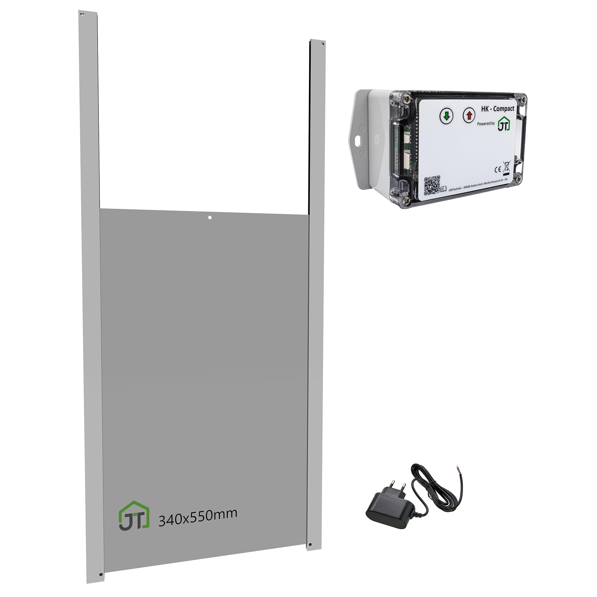 JOSTechnik - HK-Compact mit 340x550 Gänseklappe; Hühnerklappe mit Lichtsensor 12V; automatische Hühnertür; Dämmerungsgesteuert in verschiedenen Klappengrößen (Gänse 340x550)