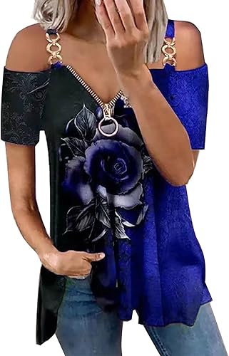 JEGULV Blusas tipo túnica con hombros descubiertos para mujer talla grande sexy de manga corta con cremallera