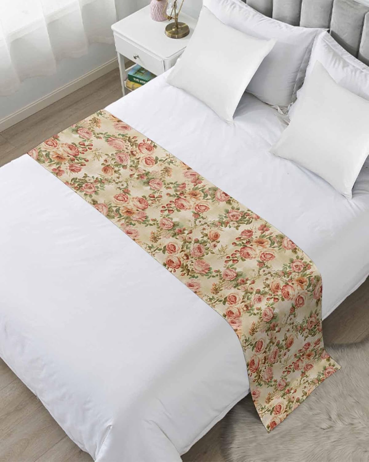 Pink Rose Vintage Linen Bed Runners for Bedroom Hotel,Decorative Bedding Scarf Classic Floral Leaves Plant Bed End Blanket Bedding Runner Scarves for Queen Size Beds,94x20in