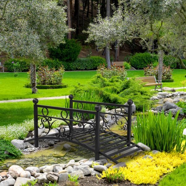 40.16" L x 20.08" W x 17.13" H Ourdoor Decorative Black Iron Foot Bridge for Pond and Backyard Landscaping,Decorative Footbridge, Garden Bridge Metal Yard Arch Path Bridge with Patterned Guardrails